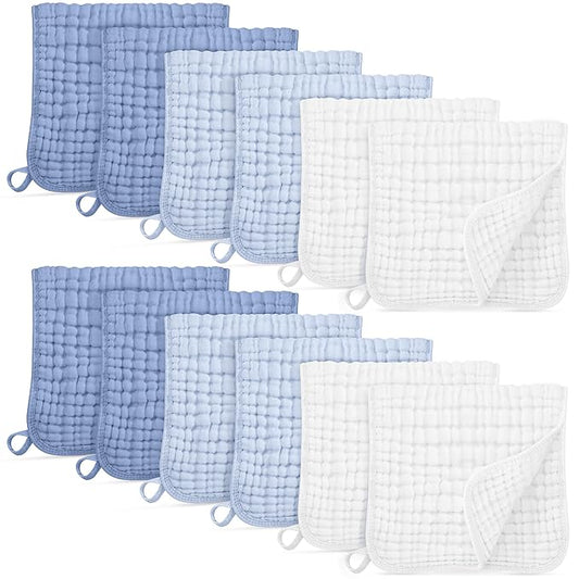 Muslin Burp Cloths for Baby 100% Cotton Burping Cloths for Boys Girls Large 20''X10'' Extra Soft and Absorbent 12 Pack - Gradient White Blue