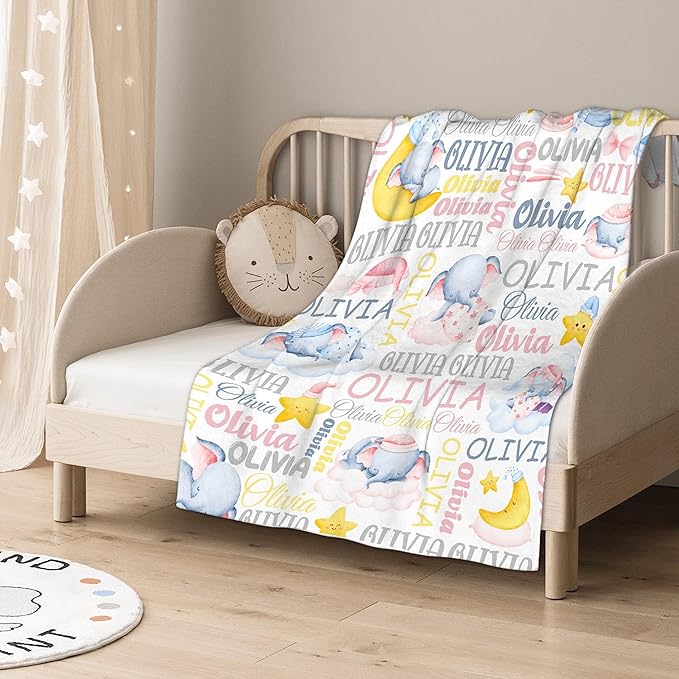 Personalized Baby Blanket for Girls Boys - Custom Elephant Swaddle With Name for Toddlers, Infants, Newborns - Nursery, Stroller, Crib Decor - Shower, Birthday Gift
