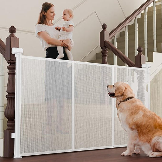 Retractable Baby Gates for Stairs, 55" Wide Baby Gate Dog Gate, 41" Tall Retractable Pet Gate for Doorways, Child Safety Gates Mesh Gate with Fiberglass Rods for Stairways, Hallways, Indoor/Outdoor