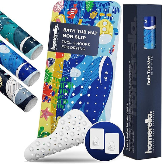 Homerella Baby Bath Tub Mat | Anti Mold Mildew Resistant Non Slip Kids and Adult Bath Tub Shower Mats | 40x16 inch Long with Suction Cups for Secure Grip Hooks for Storage & Drying | Machine Washable