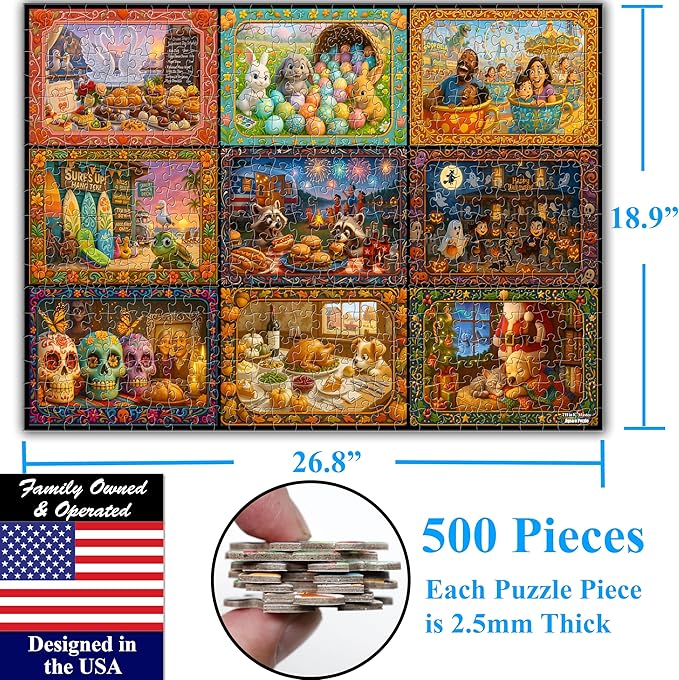 Think2Master Holiday Collage 500 Pieces Large Format Jigsaw Puzzle: Kids 12+, Teens, Adults & Families. A Year of Celebration an Excellent Present for Birthdays, Christmas. Size: 26.8” X 18.9”