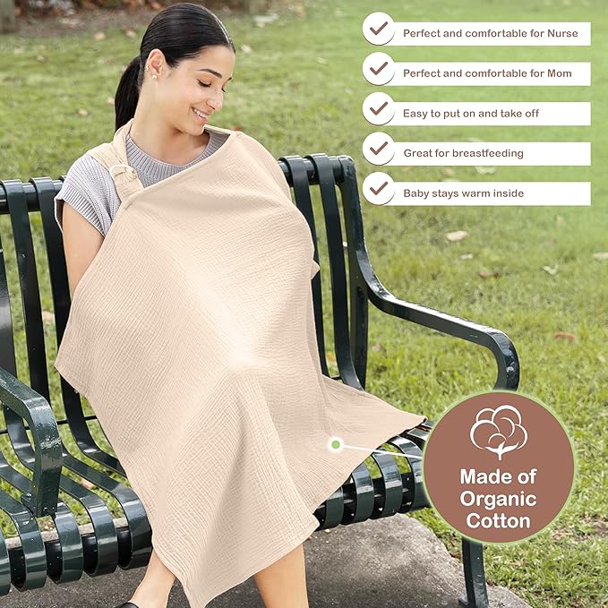 Premium Organic Breathable Muslin Nursing Cover for Breastfeeding - Privacy Breast Feeding Covers for Women - Multi-Use Nursing Cover Up - Soft & Lightweight Breastfeeding Covers (Ivory)