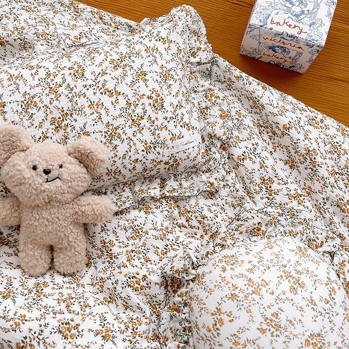 BuLuTu Cotton Muslin Ruffle Edge with Hibiscus Flowers Kids Toddler Pillowcase Soft Travel Pillow Nursery Pillowcase for Boys,Girls,Bedding Decor Machine Washable, Durable Pillowcase,1 Piece,Standard