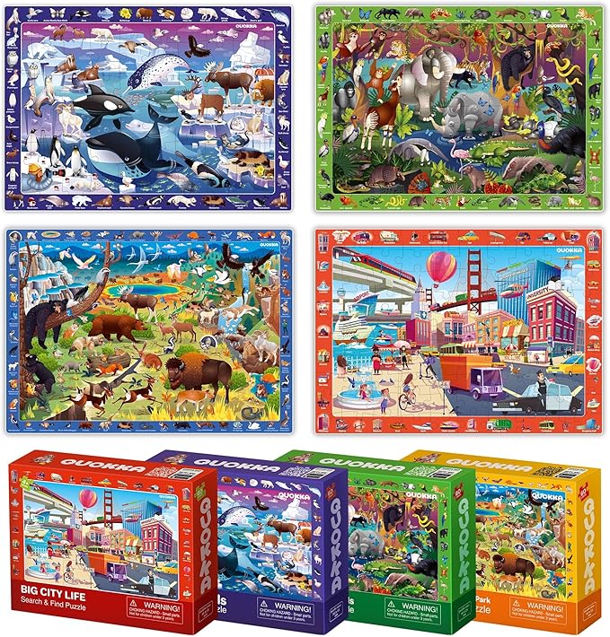 QUOKKA Puzzles for Kids Ages 4-6 - 4 x 60 Puzzles for Toddlers 5-8 - Educational Search & Find Toy for 8-10 yo for Learning Forest Polar, USA National Park Animals & City Life