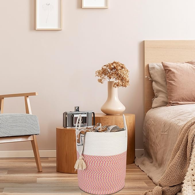 Cotton Rope Laundry Basket Hamper for Clothes Woven Storage Basket for Living Room Bedroom Boho Tall Rope Baskets for Blanket Toys Pillow Towels Baby Nursery Hamper Bin Large (multicolor)