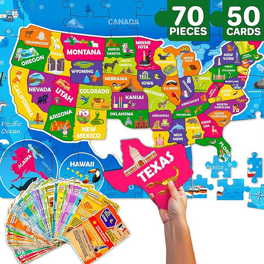 QUOKKA United States Puzzles for Kids Ages 4-6 - 70 Pcs Floor Puzzles for Kids Ages 6-8 Preschool Activities - Includes 50 Cards with 400+ USA Facts- State-Shaped Jigsaw Puzzle Gift for Girls Boys