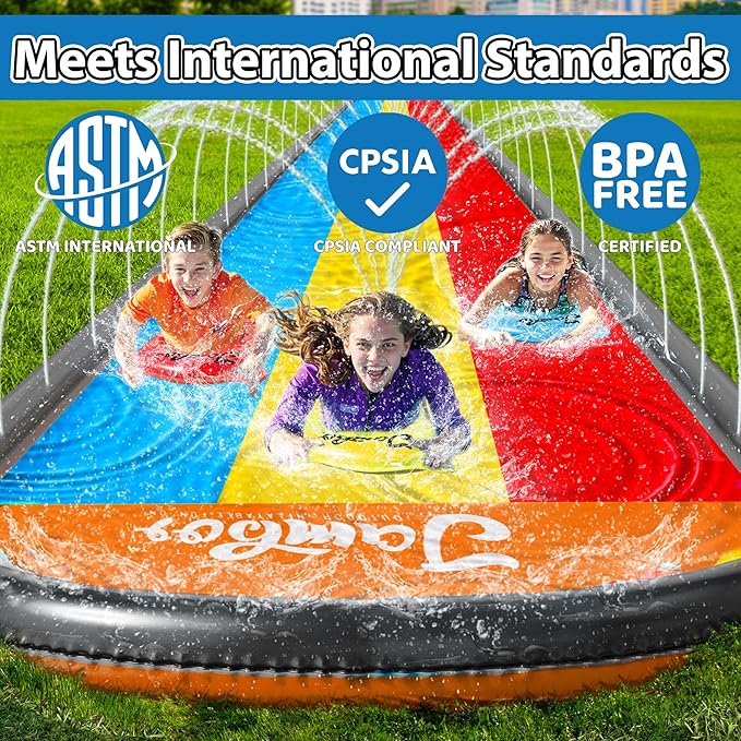 JAMBO 22.5ft Triple Lane Slip Splash and Slide with 3 Bodyboards with Built in Surround Sprinkler for Backyard Outdoor Water Fun for Kids