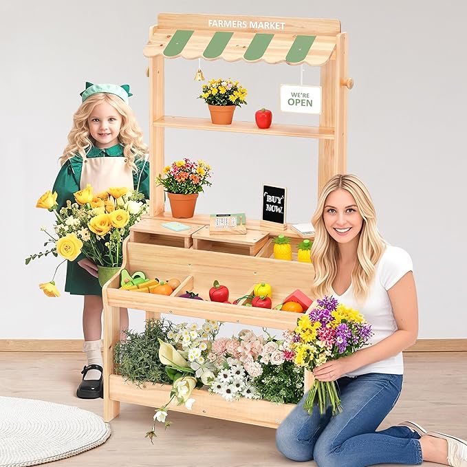 PairPear Wooden Mud Grocery Stand, 2-in-1 Outdoor Market Stand & Mud Kitchen for Kids Outdoor, Montessori Pretend Play Toy with 14 Accessories, Cash Register & Play Food, Ages 3+