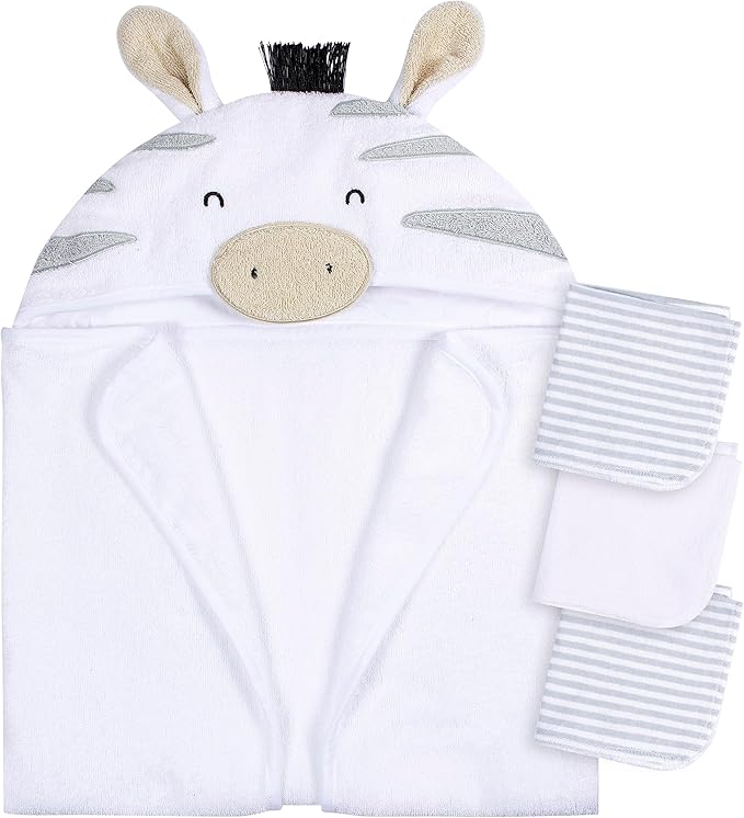 Gerber Baby 4 Piece Animal Character Hooded Towel and Washcloth Set, Grey Zebra, One Size