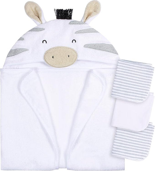 Gerber Baby 4 Piece Animal Character Hooded Towel and Washcloth Set, Grey Zebra, One Size