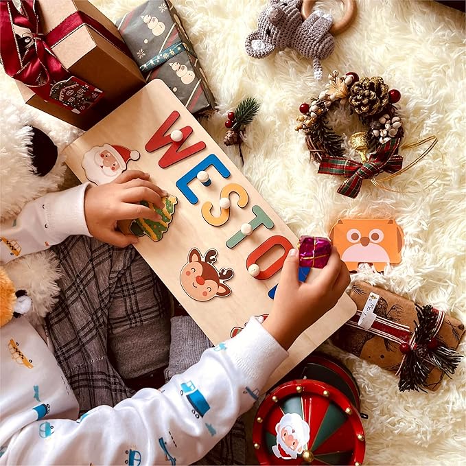 Personalized Name Puzzle for Kids Engraved Text Greetings on Back Custom Wooden Name Signs with Pegs for Baby Boy & Girl 1 Year Old Nursery Gifts Educational Toys Toddler Puzzles for Newborn