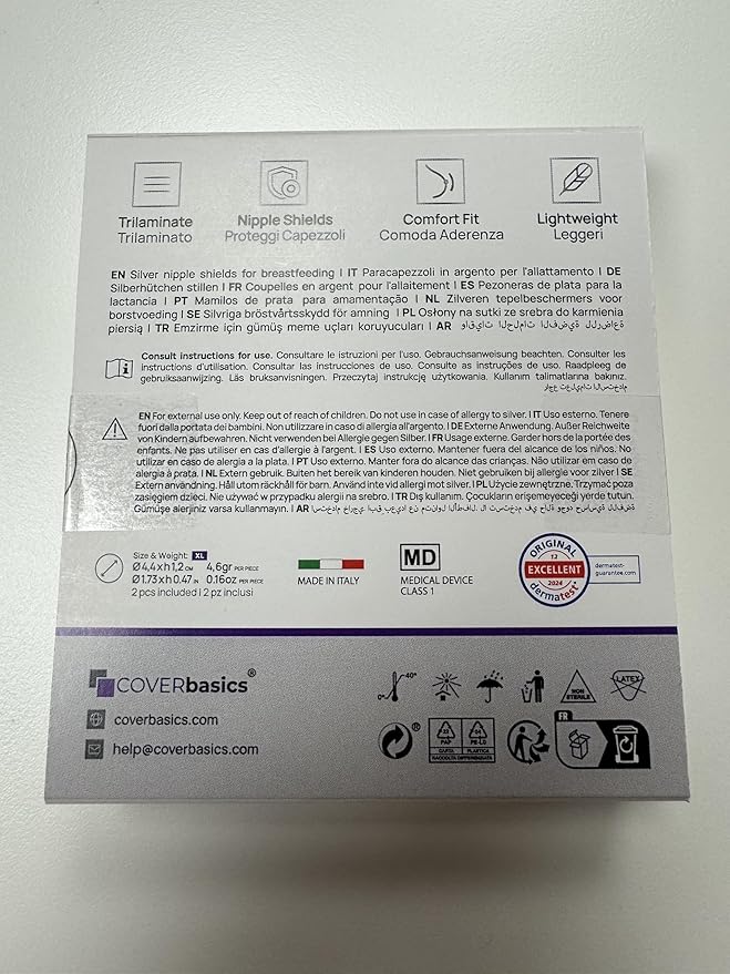 Original Italian Silver Nursing Cups - Nipple Shields for Breastfeeding - Helps Soothe and Protect Sore Nipples - Dermatologically Tested - Medical Device FDA-Registered (XL)