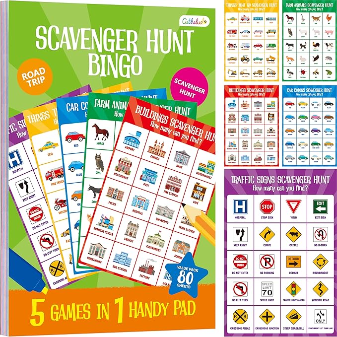 Road Trip Game Pad, 5 Games in 1 (Farm Animals, Car Colors, Buildings, Traffic Signs, Vehicles Scavenger Hunt Bingo), Pen Pencil Paper Game, Plane Trip/Car Travel/Getaway Activity Pad for Kid, Adult