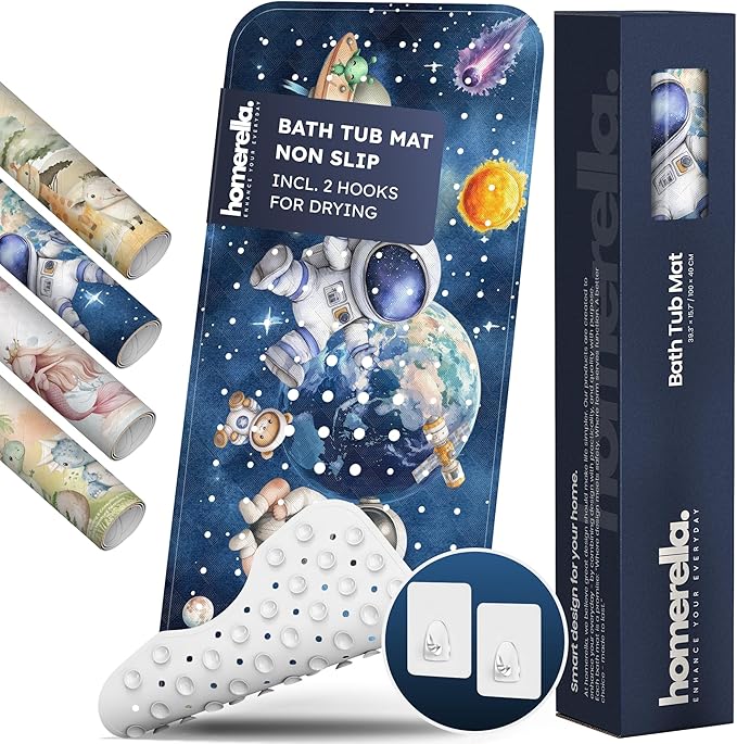 Homerella Baby Bath Tub Mat | Anti Mold Mildew Resistant Non Slip Kids and Adult Bath Tub Shower Mats | 40x16 inch Long with Suction Cups for Secure Grip Hooks for Storage & Drying | Machine Washable