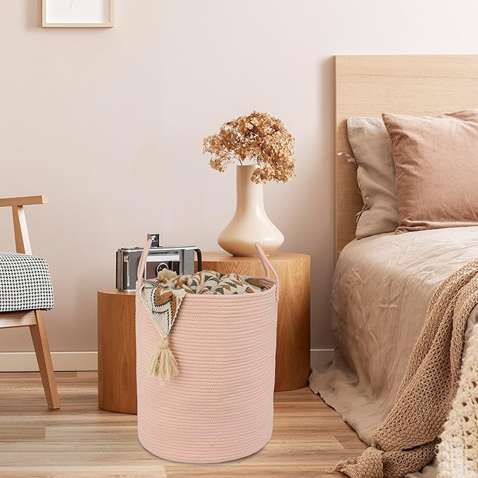 Cotton Rope Laundry Basket Hamper for Clothes Woven Storage Basket for Living Room Bedroom Boho Tall Rope Baskets for Blanket Toys Pillow Towels Baby Nursery Hamper Bin coral pink