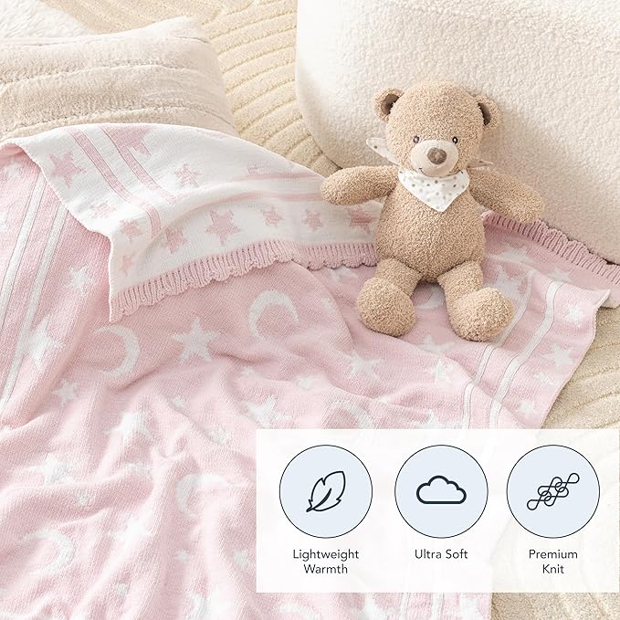 Berkshire Baby Blanket,Ultra-Plush Reversible Chenille Knit Toddler Blanket,Cute Pattern Nursery Crib Blanket,Ideal Baby Gift(30x40 Inches,Stars and Moon Border White-Pink)