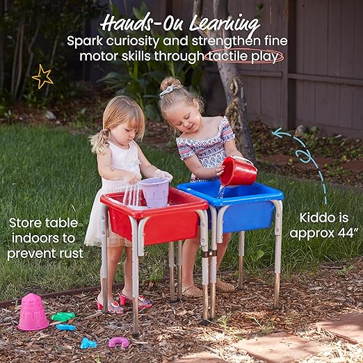 ECR4Kids 2-Station Sand and Water Adjustable Play Table, Sensory Bins, Blue/Red