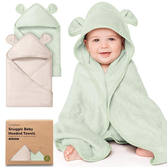 KeaBabies 2-Pack Hooded Baby Towels for Newborn - 30x30 Soft & Absorbent Viscose from Bamboo Baby Bath Towels with Hood for Infant, Toddler,Kids,Boys Girls,Newborn Bath Essentials (Sage, Petite)