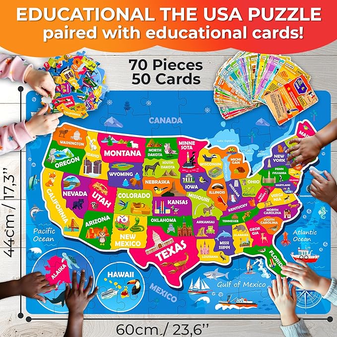 QUOKKA United States Puzzles for Kids Ages 4-6 - 70 Pcs Floor Puzzles for Kids Ages 6-8 Preschool Activities - Includes 50 Cards with 400+ USA Facts- State-Shaped Jigsaw Puzzle Gift for Girls Boys