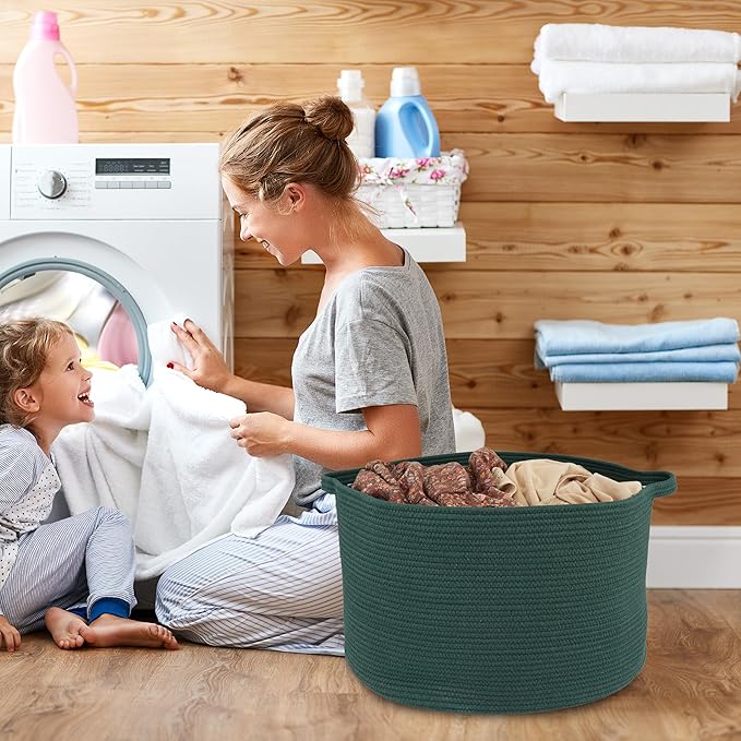 Large Cotton Rope Basket – 22"x14" Woven Storage Basket for Blankets, Toys, Laundry, and Nursery – Round Baskets for Living Room and Kids Dark Green