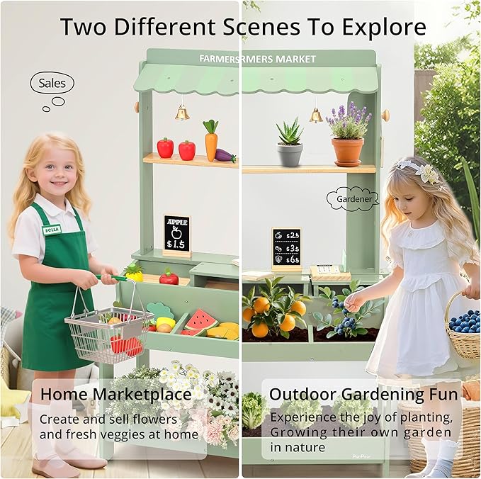 PairPear Wooden Mud Grocery Stand, 2-in-1 Outdoor Market Stand & Mud Kitchen for Kids Outdoor, Montessori Pretend Play Toy with 14 Accessories, Cash Register & Play Food, Ages 3+ in Green