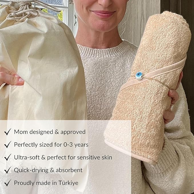 Pine & Palm Home Hooded Baby Towel – Turkish Cotton & Rayon from Bamboo, Soft & Absorbent, Quick-Dry | Neutral Newborn & Toddler Bath Towel | Gift-Ready Bag (Wheat)