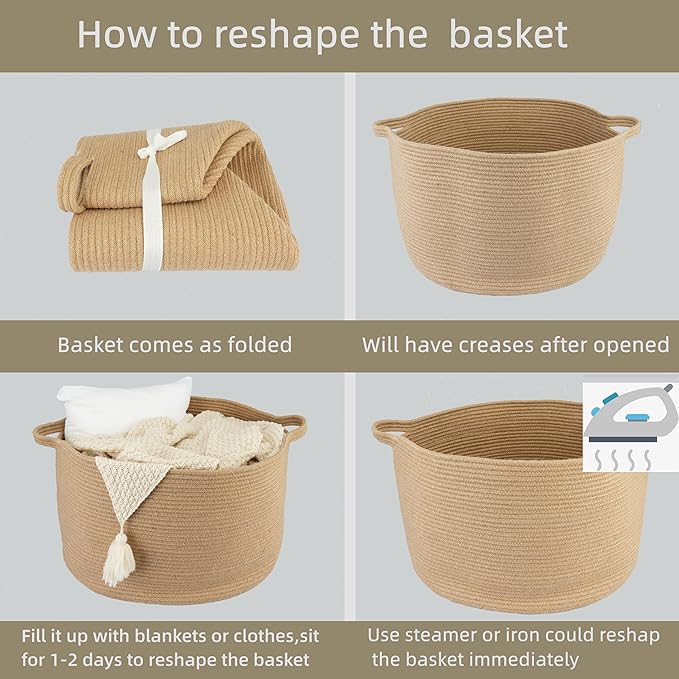 Large Jute Rope Storage Basket Blankets Basket Living Room 22"x12" Toy Baskets for Kids and Dogs Woven Laundry Baskets for Clothes Towels Baby Toy Storage