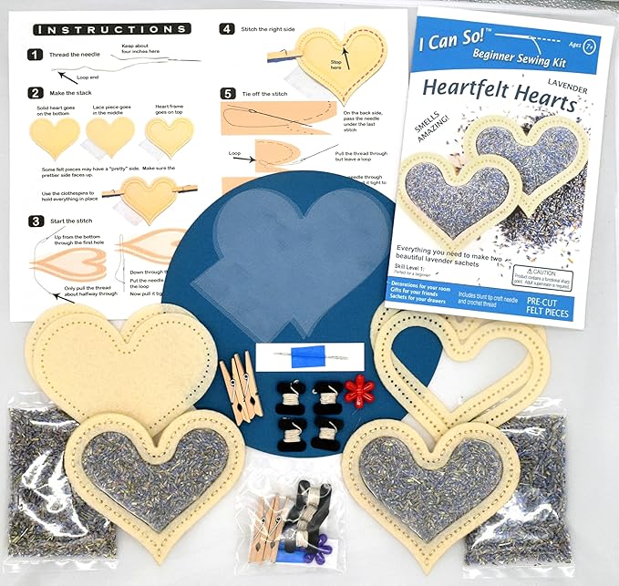 I Can So! Beginner Sewing Kit. Heartfelt Hearts. Lavender Sachet. (Lavender)