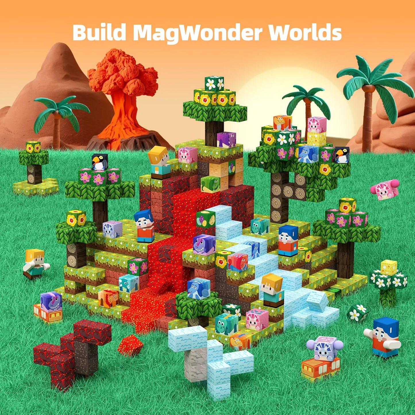 GobiDex 100PCS Magnetic Building Blocks Volcano Dinosaur Set for Toddler, Sensory STEM Toys for Kids Ages 3-5 5-7 4-8, Birthday Gifts for 3+ Year Old Boys Girls Kids