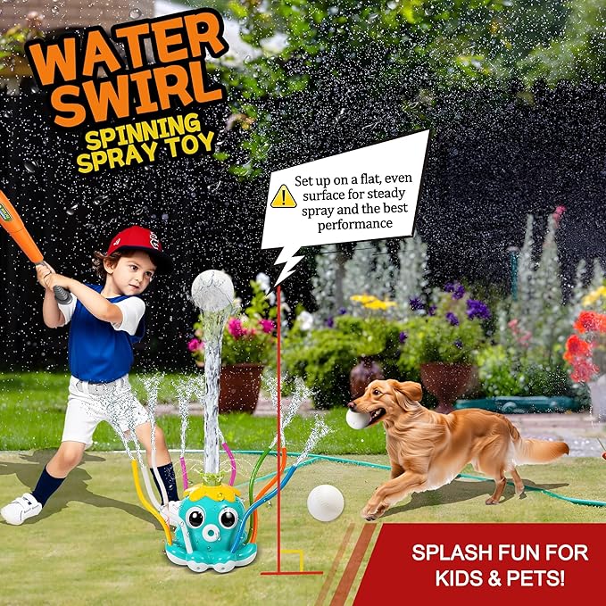 Water Sprinkler Baseball Toy for Kids Outdoor Play – 2-in-1 Splash Game with Bat & Balls, Backyard Summer Water Toys for Toddlers and Children, Fun Lawn Activities for Boys Girls Ages 3-12