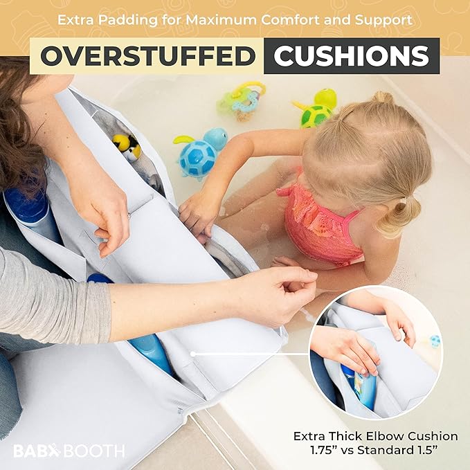 Bath Kneeler and Elbow Rest Pad, Extra Thick Baby Bath Kneeling Pad and Elbow Pad for Bathtub. Bath Tub Elbow Pad with Infant Toy and Baby Accessories Organizer, Off White Color