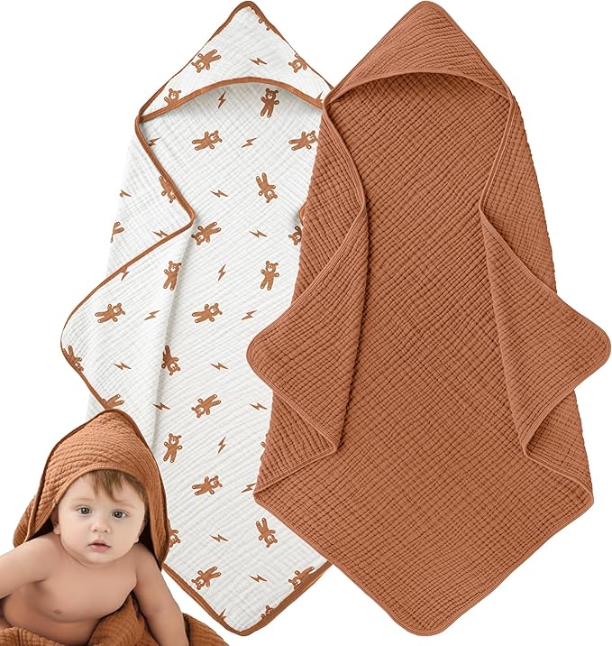 Muslin Hooded Baby Towels for Newborns, 32"x32", 100% Cotton – 6 Layers Super Soft Absorbent Breathable, Baby Bath Towel, Toddler Bath Towel – Pack of 2