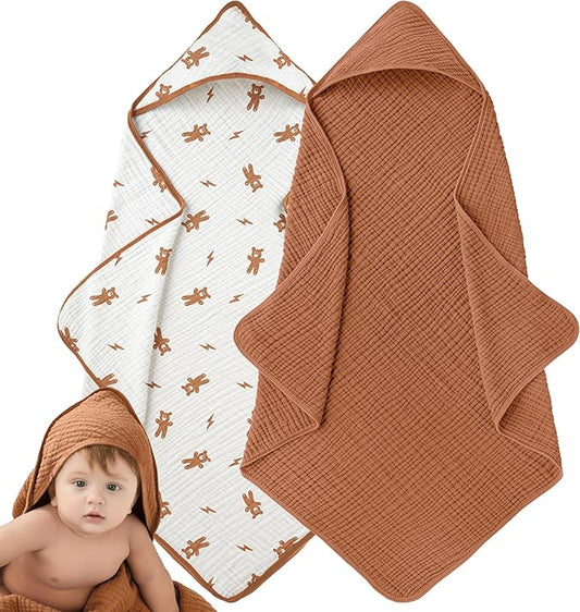 Muslin Hooded Baby Towels for Newborns, 32"x32", 100% Cotton – 6 Layers Super Soft Absorbent Breathable, Baby Bath Towel, Toddler Bath Towel – Pack of 2