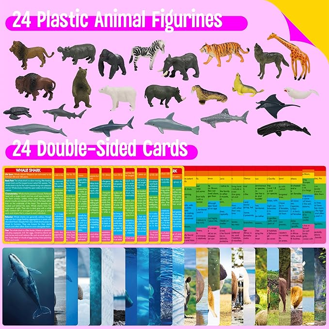 24PCS Animal Figurines with 24 Introducing Flashcards, Wild & Marine Animal Figures Safari and Underwater Creature Learning Montessori Toys Science Educational Matching Game for Homeschool, Kids