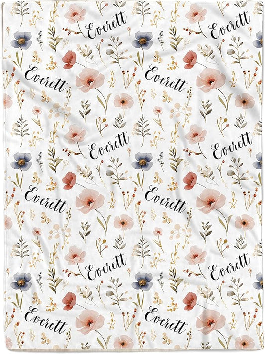 Custom Baby Blankets for Boys, Customized Baby Boy Gifts with Name, Personalized Baby Blankets, Soft Plush Fleece (Wildflower TM14)