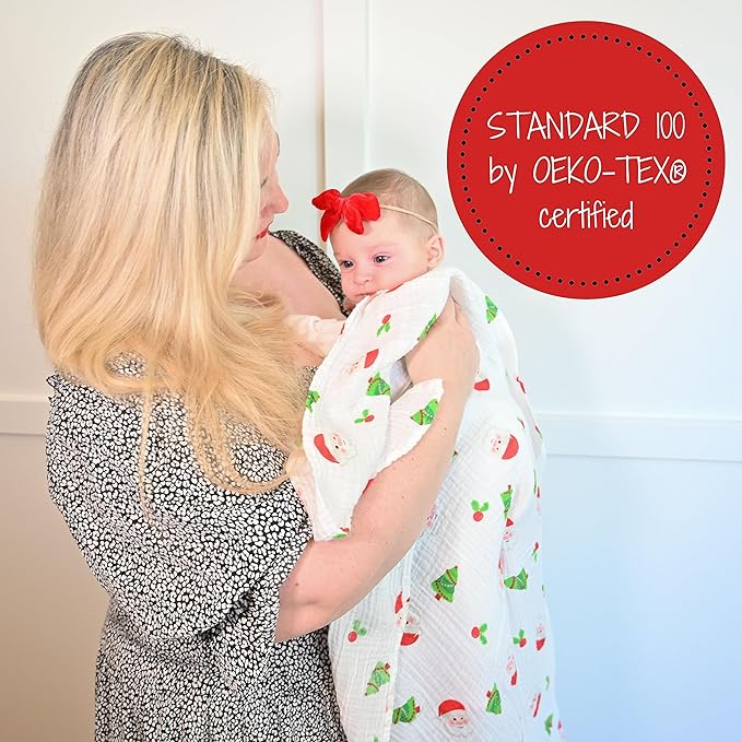 LollyBanks Muslin Swaddle Blankets, 100% Cotton Baby Blanket for Boys and Girls, 47 x 47 Inches Newborn Swaddle, Soft and Breathable Receiving Blankets, Baby Essentials, Registry (Santa Print)