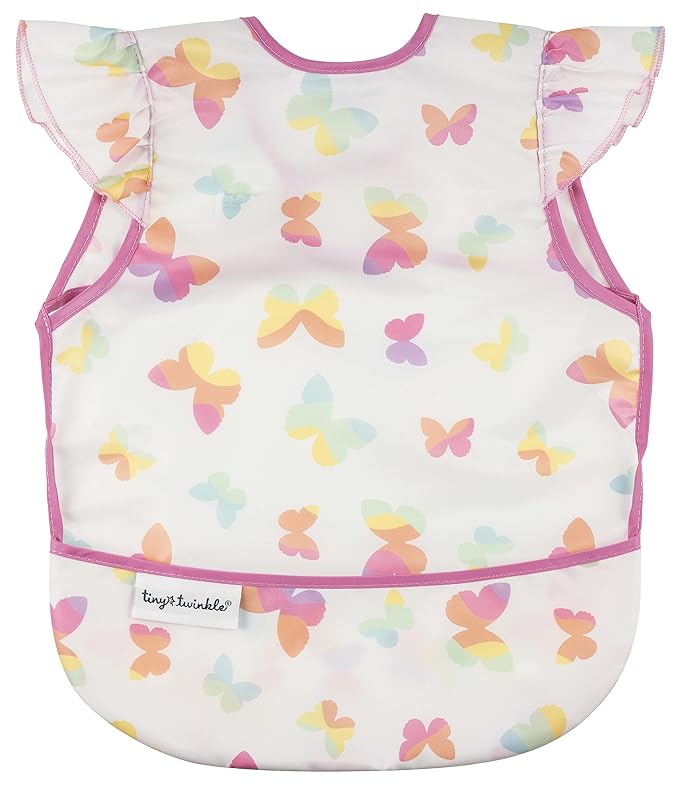 Tiny Twinkle Short Sleeve Apron Baby & Toddler Bib for Girls – Waterproof, Mess-Proof Bibs for Eating & Feeding, Machine Washable,Perfect Holiday Gift (Butterflies, 6–24M)