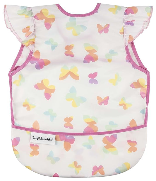 Tiny Twinkle Short Sleeve Apron Baby & Toddler Bib for Girls – Waterproof, Mess-Proof Bibs for Eating & Feeding, Machine Washable,Perfect Holiday Gift (Butterflies, 6–24M)