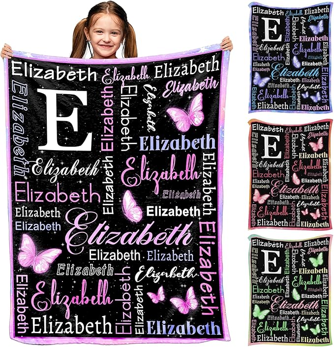 Personalized Baby Blanket for Girls with Name, Custom Name Blanket Butterfly Pattern for Daughter Son, Lightweight Fuzzy Fluffy Baby Blankets for Infant Toddler Newborn Unisex Crib Cot Stroller
