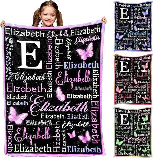 Personalized Baby Blanket for Girls with Name, Custom Name Blanket Butterfly Pattern for Daughter Son, Lightweight Fuzzy Fluffy Baby Blankets for Infant Toddler Newborn Unisex Crib Cot Stroller