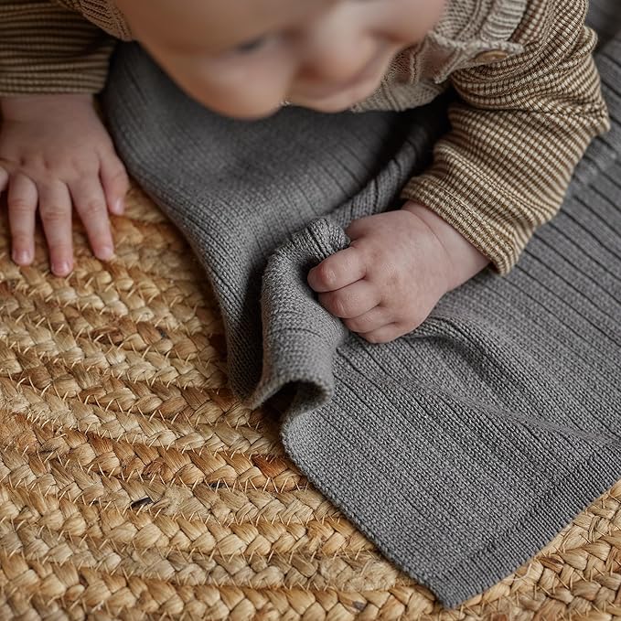 Knitted Organic Cotton Baby Blanket- Swaddle Blanket, 30" x 40" Soft Receiving Blanket for Newborn (Ribbed-Cloud Grey)