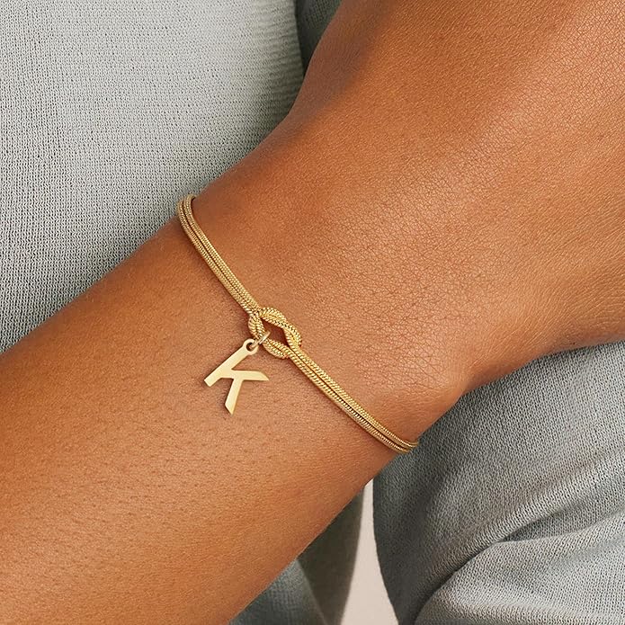 Stocking Stuffers for Teen Girls - 18K Gold Plated Love Knot Initial Bracelets for Women Friends Bridesmaid Gifts Dainty Gold Bracelets Birthday Christmas Gifts for Teens Women