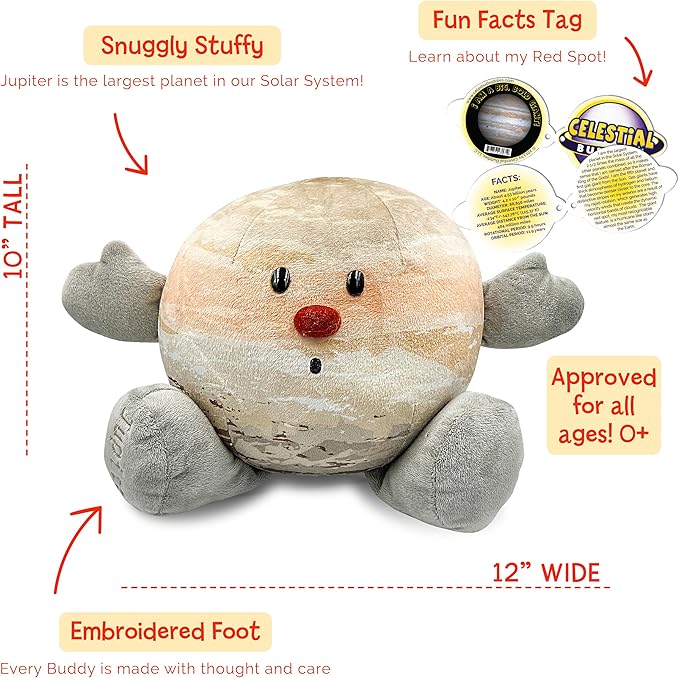 Celestial Buddies Jupiter Buddy | 12" Soft Stuffed Plush, Embroidered Features, Fun Planet Facts Tag for Kids – STEM Learning, Educational Gift, Classroom & Homeschool Science Space Astronomy | 0+