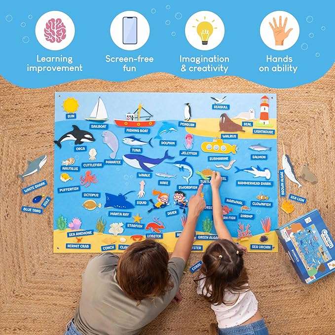 BONNYCO Felt Board for Toddlers with 107 Sea Animals Figures. Montessori and Sensory Toys, Birthday Gifts for Kids 3-8 Years Old. Educational Games, Learning Activities, Christmas