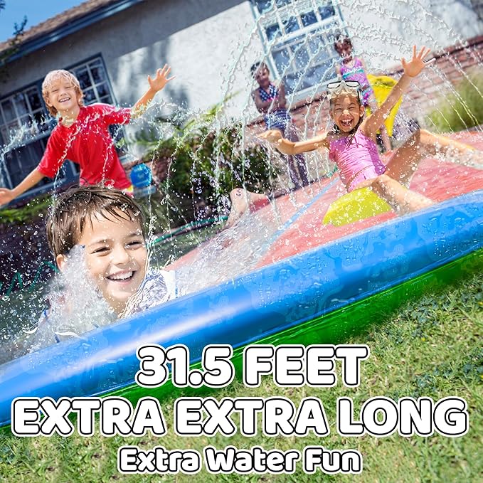 JAMBO 31.5Ft Extra Long Water Slide and 2 Bodyboards, Heavy Duty Slip Splash and Slide with Inflatable Crash Pad, Summer Water Toy Sprinkler, Backyard Outdoor Water Fun n Toys for Kids, Splash Mat