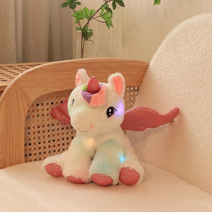 Hopearl LED Musical Stuffed Unicorn Adorable Lighting Up Singing Plush Toy Adjustable Volume Lullaby Animated Soothe Birthday Festival for Kids Toddler Girls, White, 11''