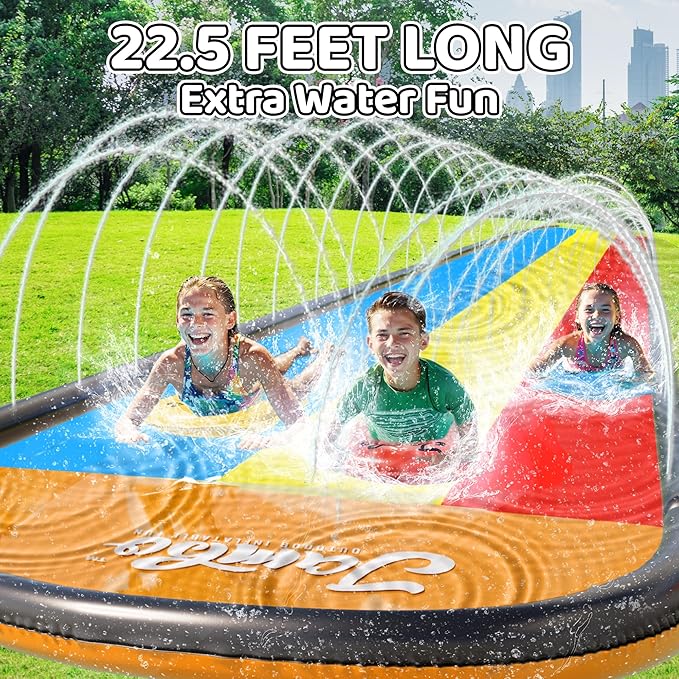 JAMBO 22.5ft Triple Lane Slip Splash and Slide with 3 Bodyboards with Built in Surround Sprinkler for Backyard Outdoor Water Fun for Kids