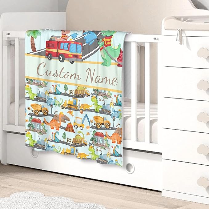 Personalized Dinosaur Fire Truck Custom Baby Blanket with Name - Swaddle Blanket for Toddlers & Infants - Shower Gift