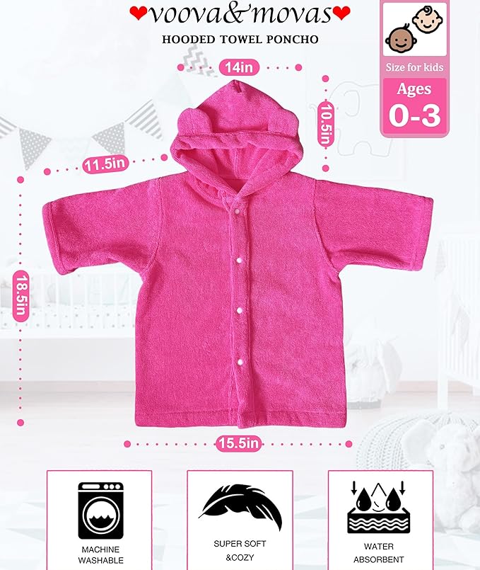 VOOVA & MOVAS Baby Hooded Towel with Bear Ear, 0-3Years | 100% Cotton, Ultra-Soft & Absorbent | Gentle for Sensitive Skin, Bath, Pool & Beach Towel | Newborn (Hot Pink)
