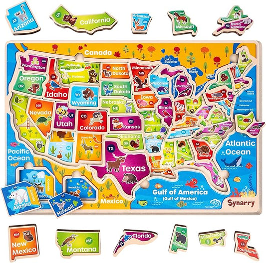 SYNARRY Large USA Wooden Puzzles for Kids Ages 3-5, Learning United States Map Puzles for Kids Ages 4-6, Wood Jigsaw Puzzles Educational Games Toys Gifts for Boys Girls Ages 3-8